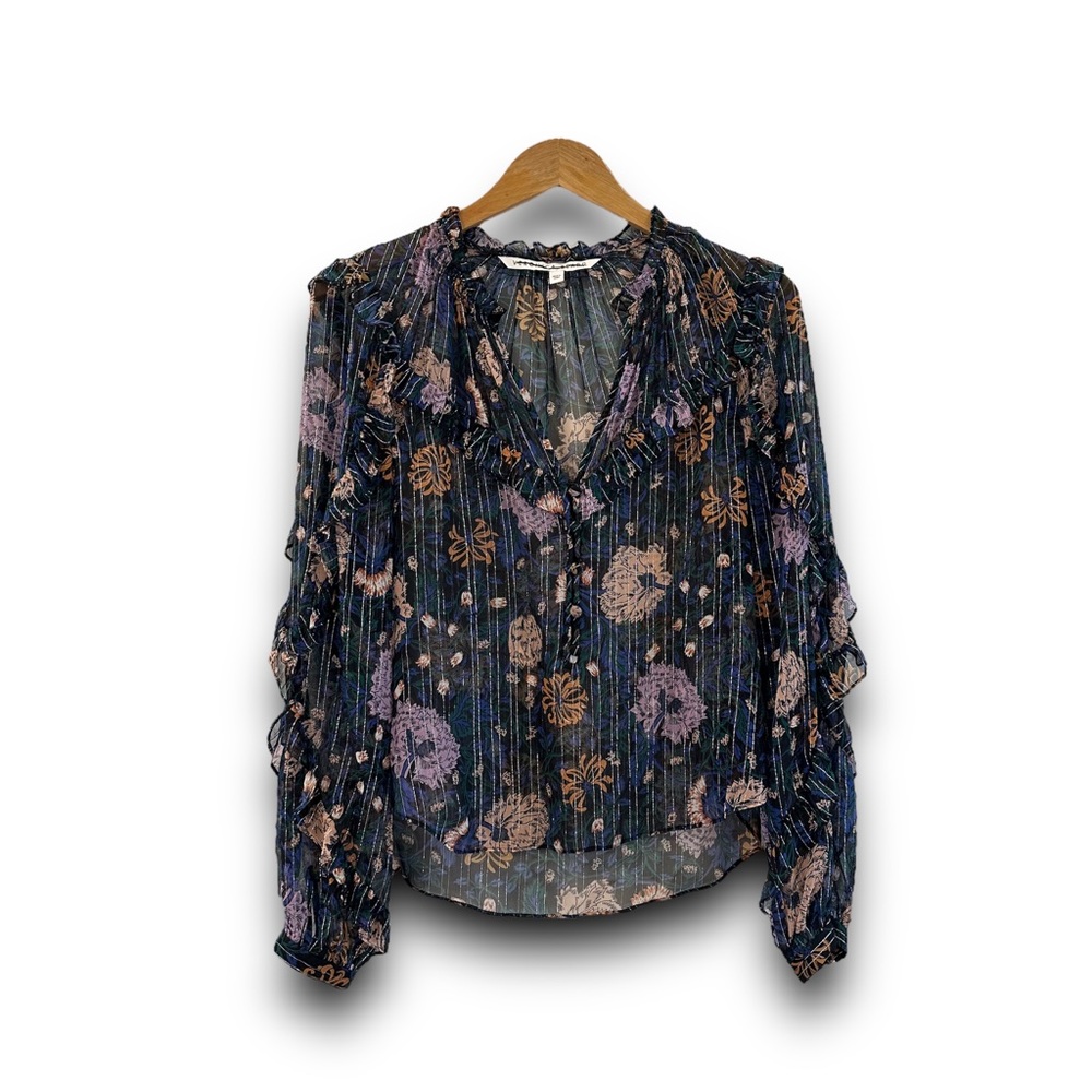 Veronica Beard Navy Floral Ruffle Blouse